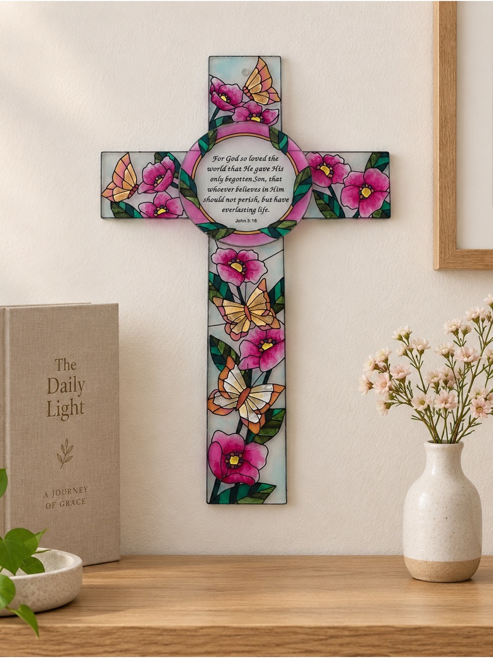 John 3:16 Floral Butterfly God Cross Stained Glass Cottagecore Christian Decor